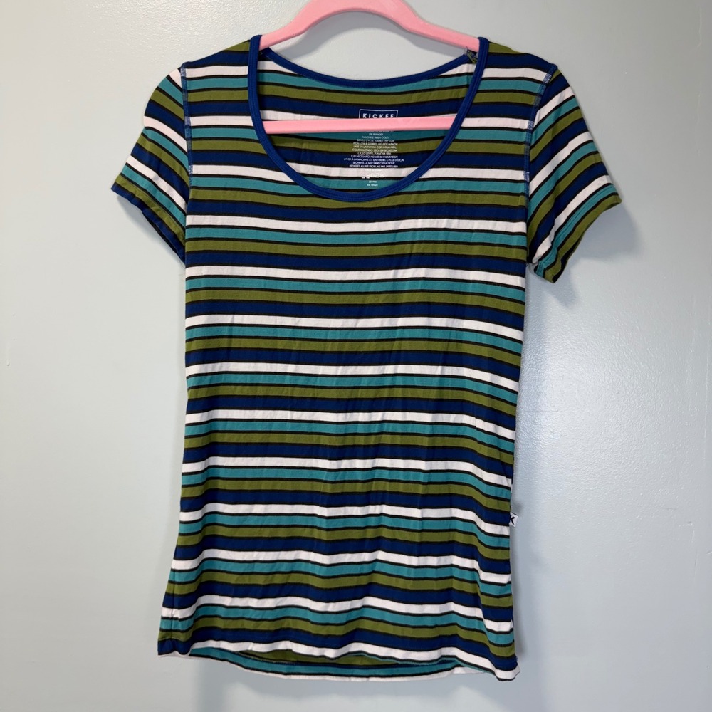 Kickee Womens Blue Green Striped Bamboo Viscose Scoop Neck Short Sleeve Tee M